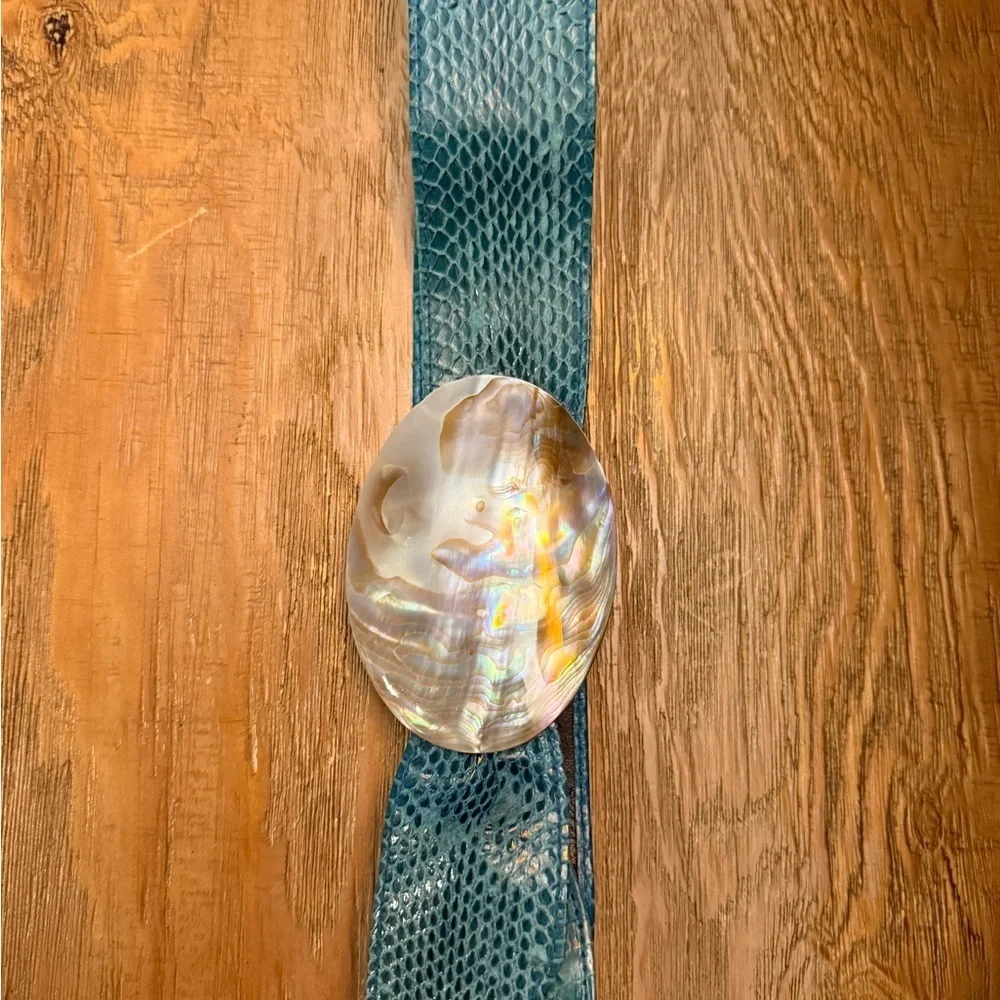Vintage BARI Teal Snakeskin Belt Mother of Pearl Shell Buckle